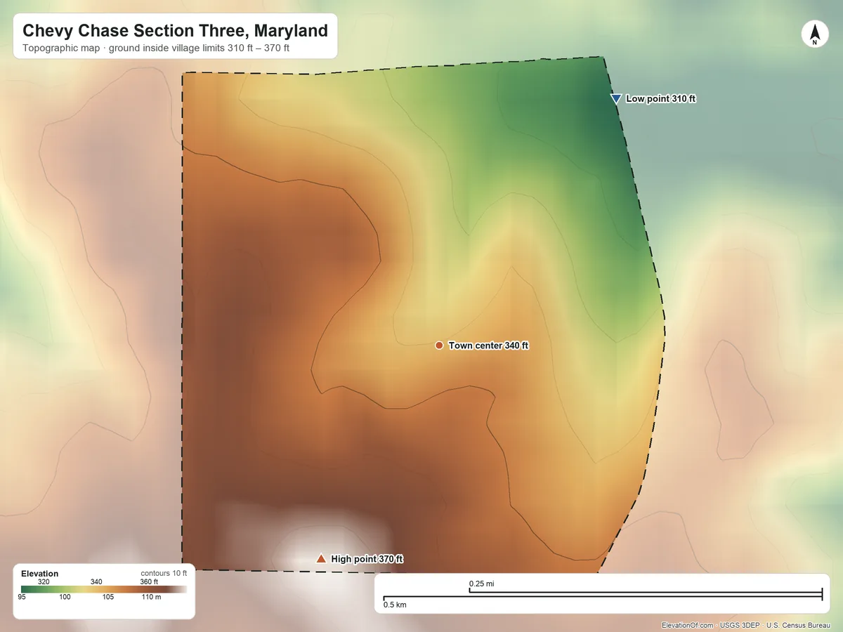 Topographic elevation map of Chevy Chase Section Three, Maryland, shaded from 310 ft on the northeast side to 370 ft on the southwest side
