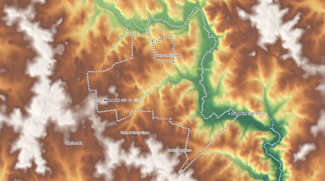 Topographic elevation map of Chevy Chase, Maryland, shaded from 170 ft on the east side to 360 ft on the west side