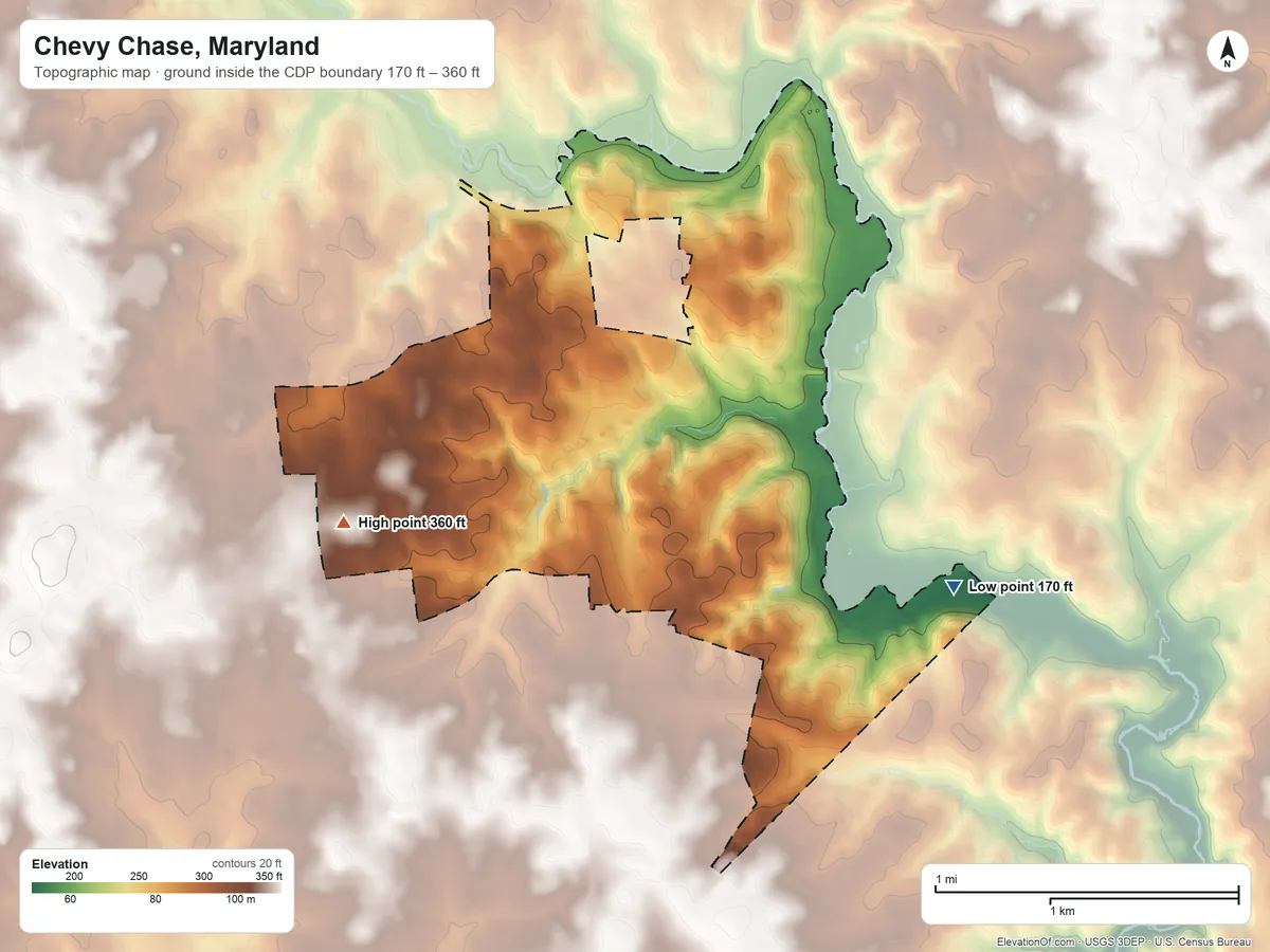 Topographic elevation map of Chevy Chase, Maryland, shaded from 170 ft on the east side to 360 ft on the west side