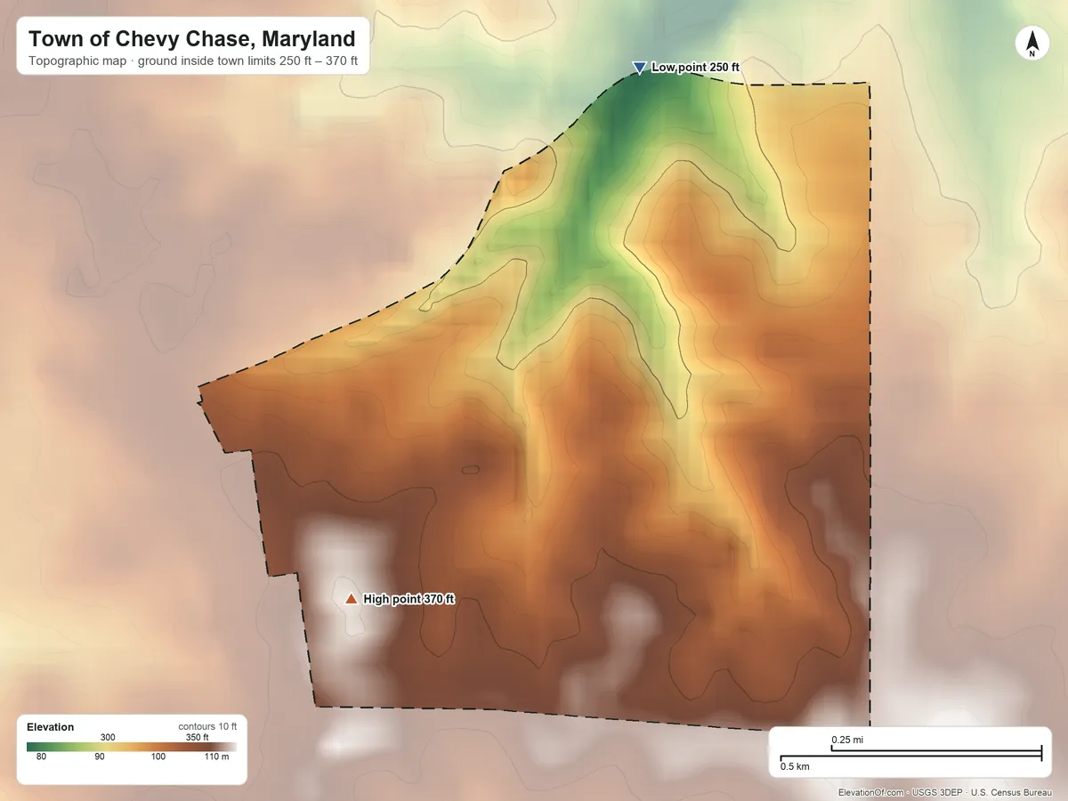 Topographic elevation map of Town of Chevy Chase, Maryland, shaded from 250 ft on the north side to 370 ft on the southwest side