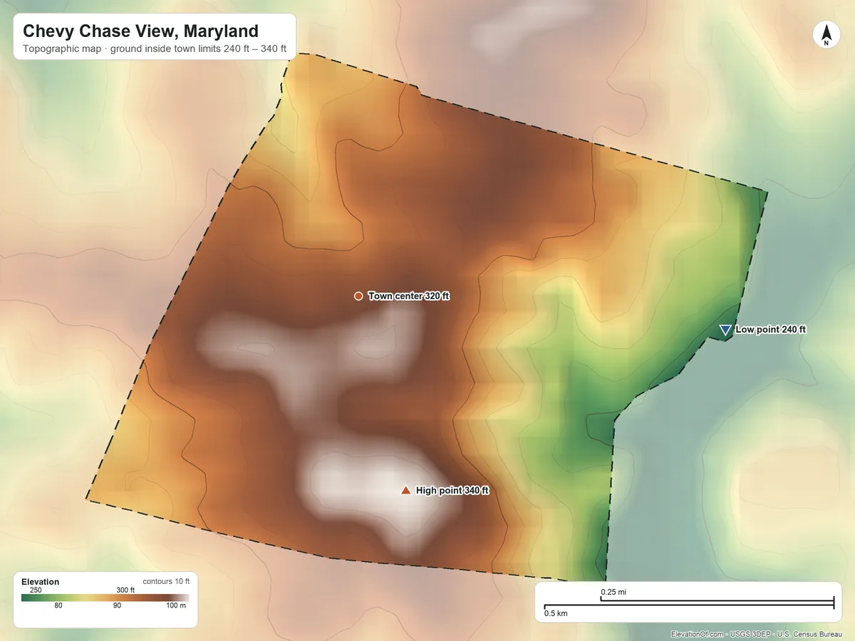 Topographic elevation map of Chevy Chase View, Maryland, shaded from 240 ft on the east side to 340 ft on the south side