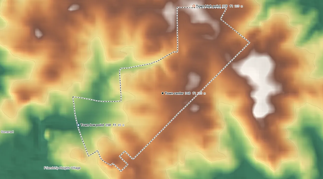 Topographic elevation map of Chevy Chase Village, Maryland, shaded from 290 ft on the west side to 370 ft on the north side