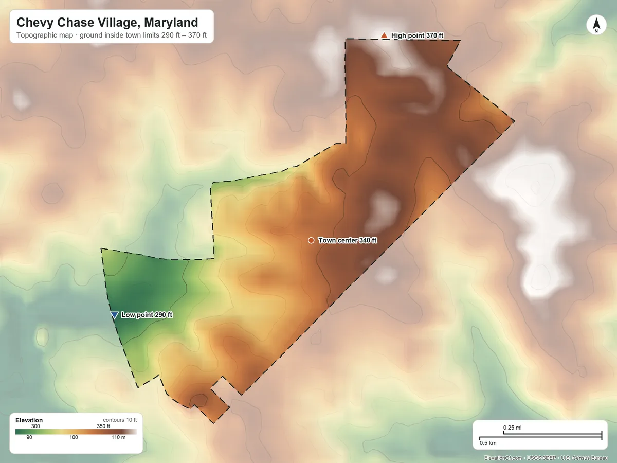 Topographic elevation map of Chevy Chase Village, Maryland, shaded from 290 ft on the west side to 370 ft on the north side