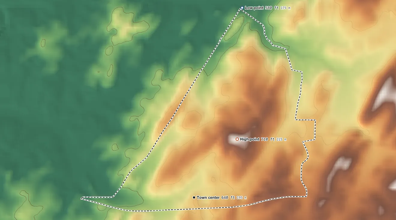 Topographic elevation map of Chewsville, Maryland, shaded from 580 ft on the north side to 710 ft on the northeast side