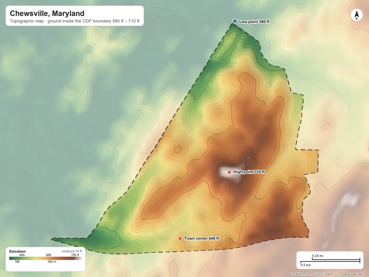 Topographic elevation map of Chewsville, Maryland, shaded from 580 ft on the north side to 710 ft on the northeast side