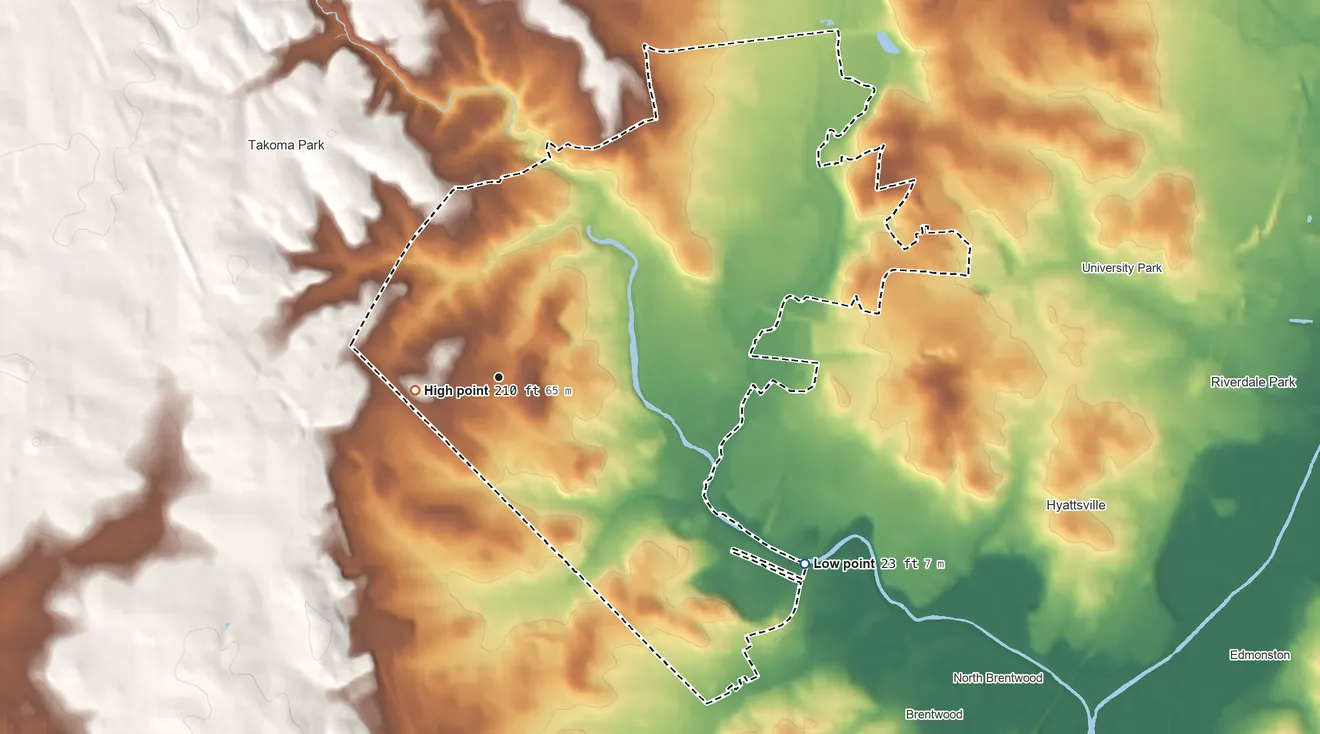 Topographic elevation map of Chillum, Maryland, shaded from 23 ft on the southeast side to 210 ft near the middle
