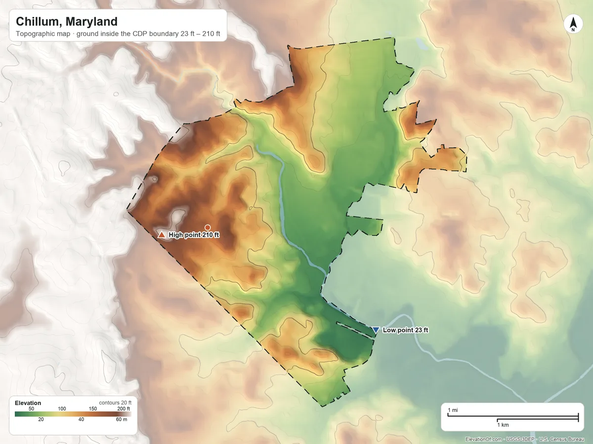 Topographic elevation map of Chillum, Maryland, shaded from 23 ft on the southeast side to 210 ft near the middle