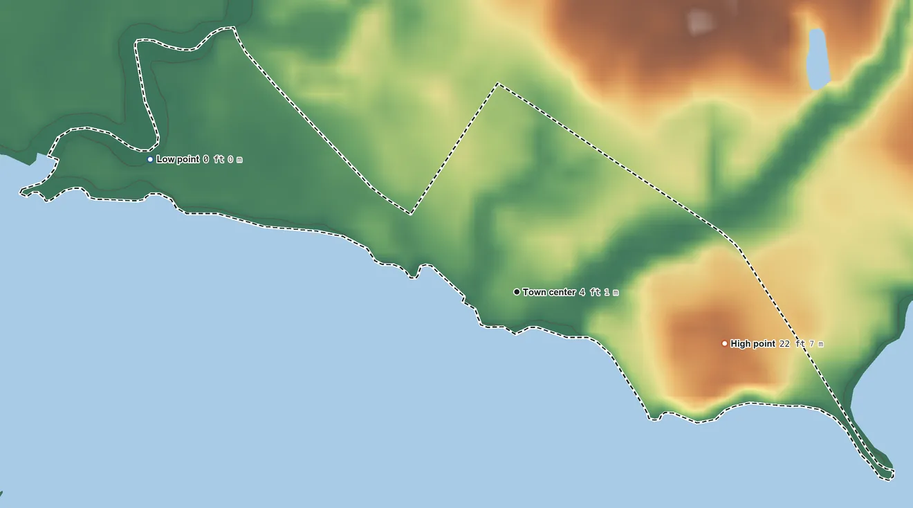 Topographic elevation map of Choptank, Maryland, shaded from 0 ft on the west side to 22 ft on the east side