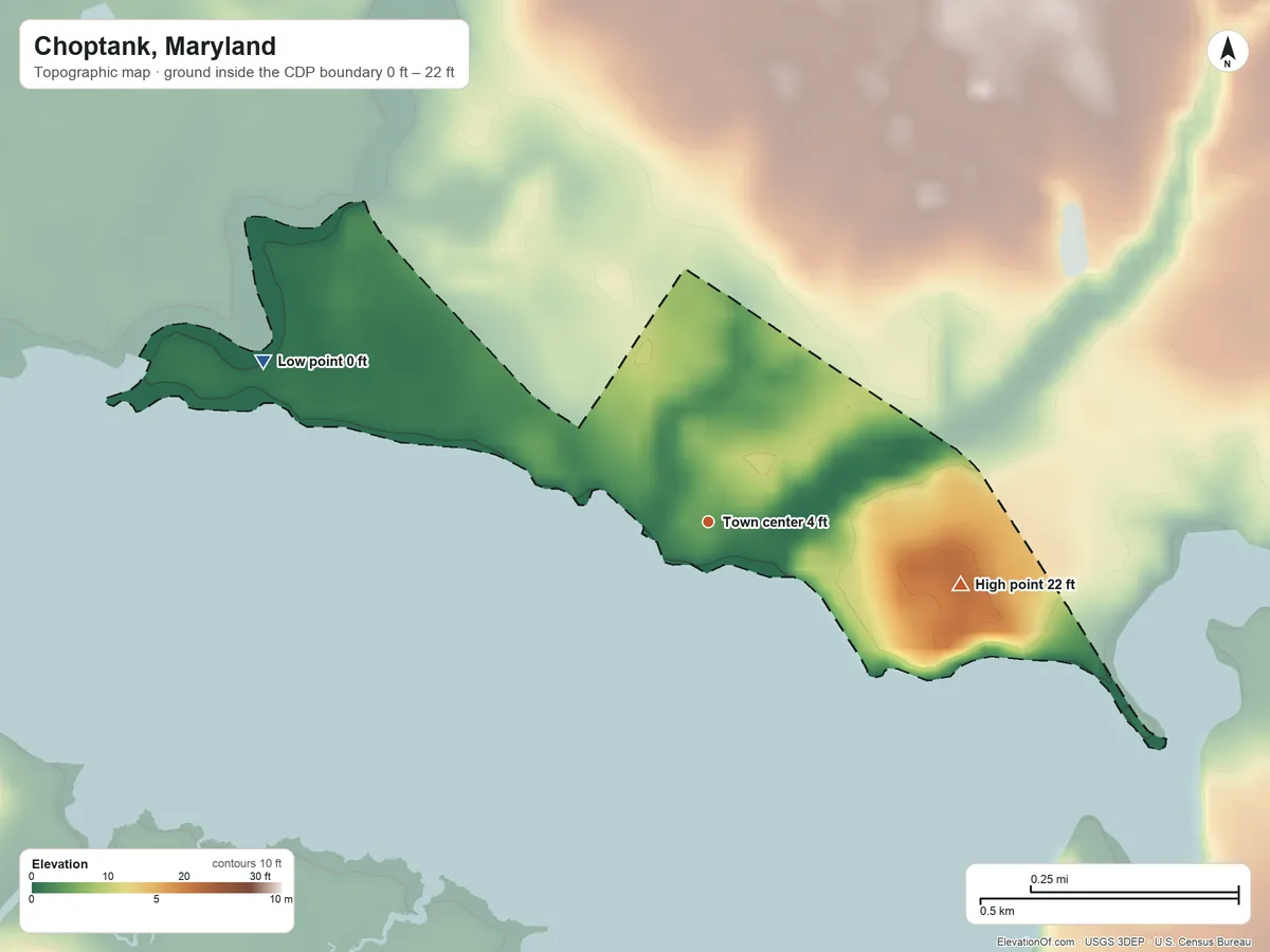 Topographic elevation map of Choptank, Maryland, shaded from 0 ft on the west side to 22 ft on the east side
