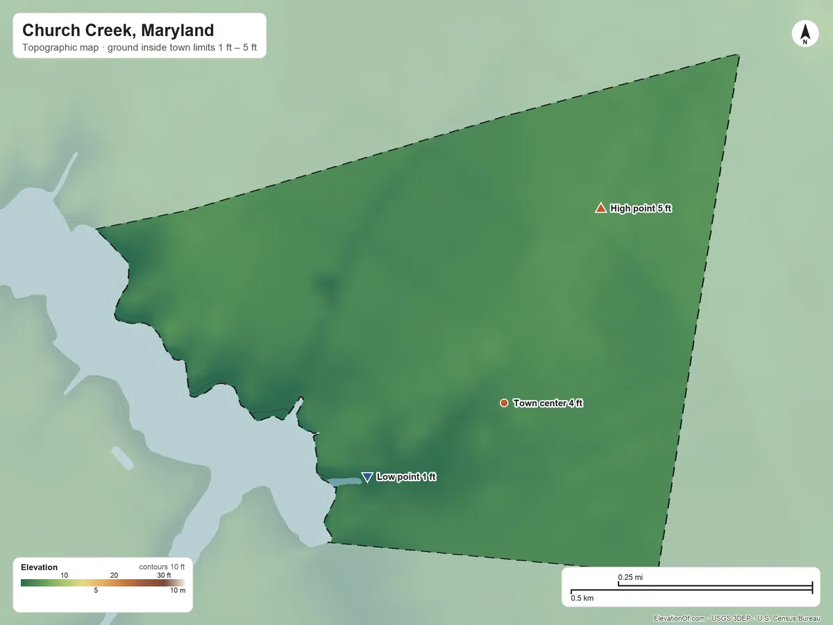 Topographic elevation map of Church Creek, Maryland, shaded from 1 ft on the southwest side to 5 ft on the northeast side
