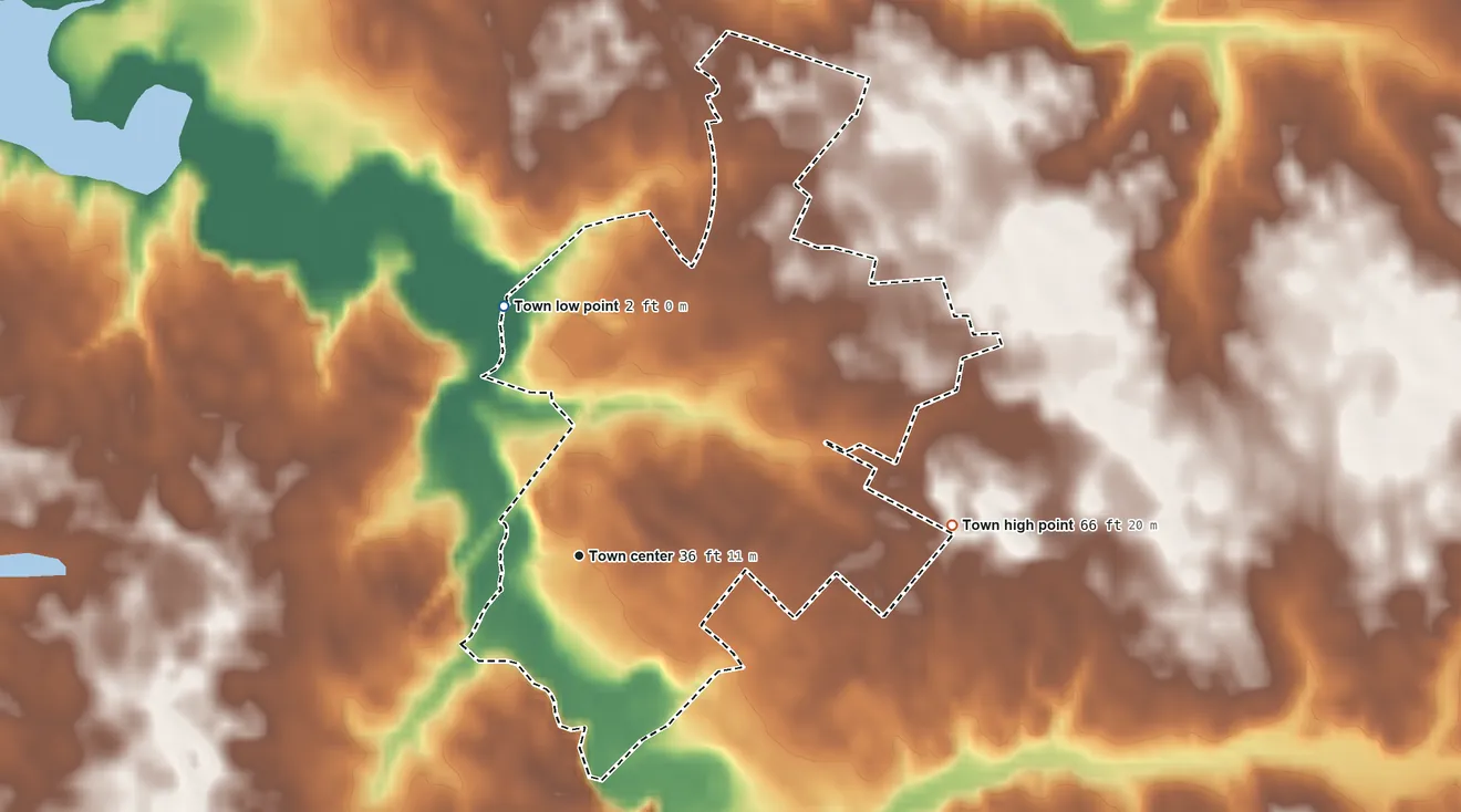 Topographic elevation map of Church Hill, Maryland, shaded from 2 ft on the north side to 66 ft on the east side