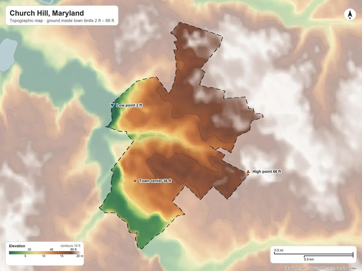 Topographic elevation map of Church Hill, Maryland, shaded from 2 ft on the north side to 66 ft on the east side