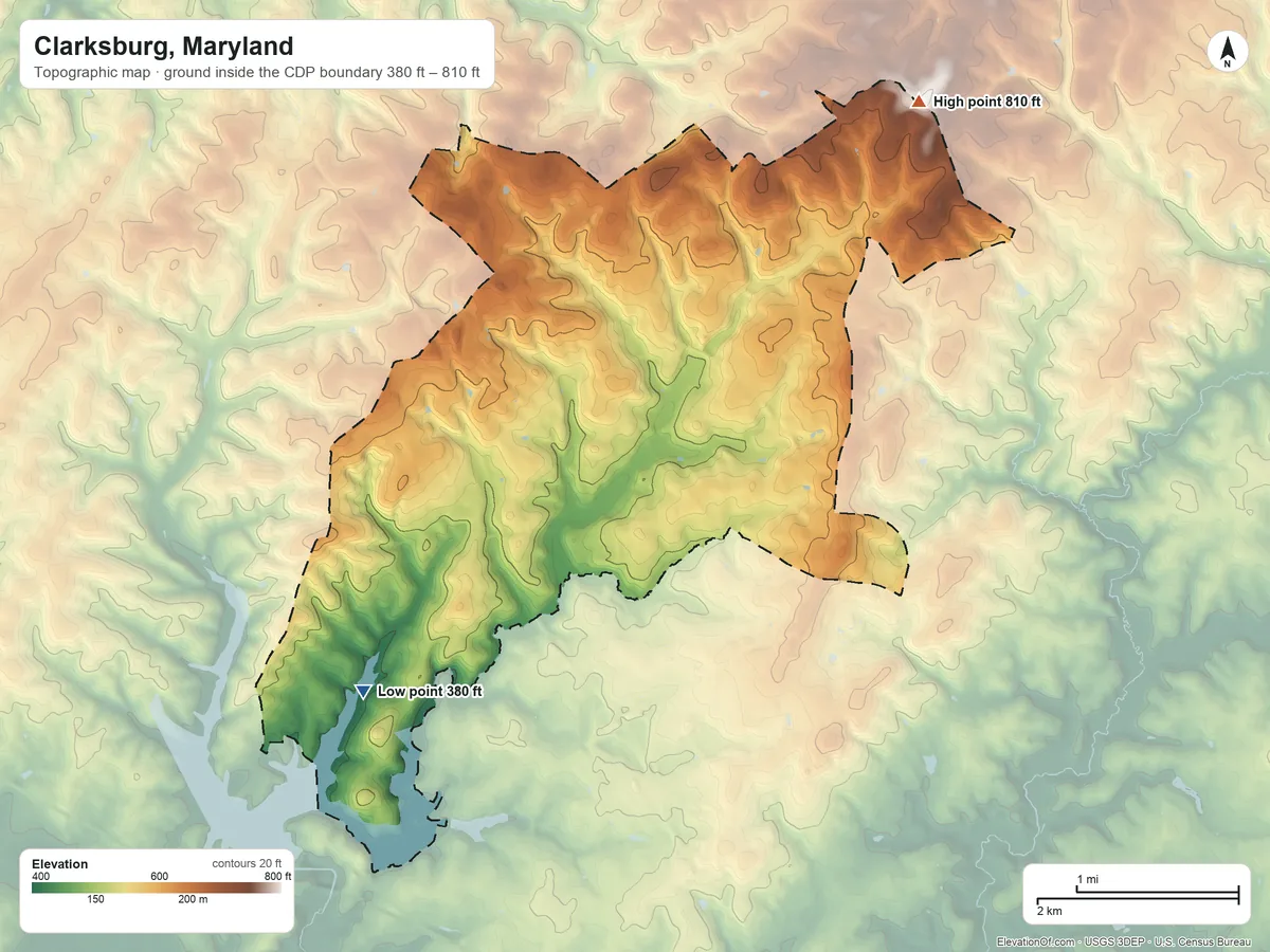 Topographic elevation map of Clarksburg, Maryland, shaded from 380 ft on the southwest side to 810 ft on the northeast side
