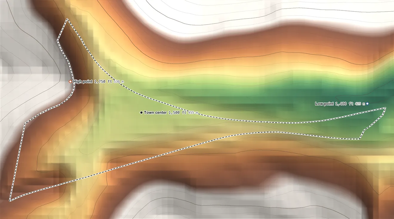 Topographic elevation map of Clarysville, Maryland, shaded from 1,400 ft on the east side to 1,750 ft on the northwest edge, below higher ground just outside