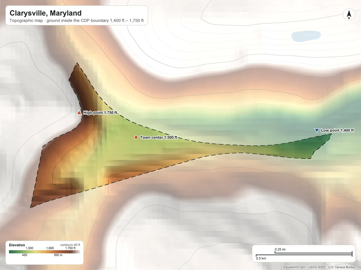 Topographic elevation map of Clarysville, Maryland, shaded from 1,400 ft on the east side to 1,750 ft on the northwest edge, below higher ground just outside