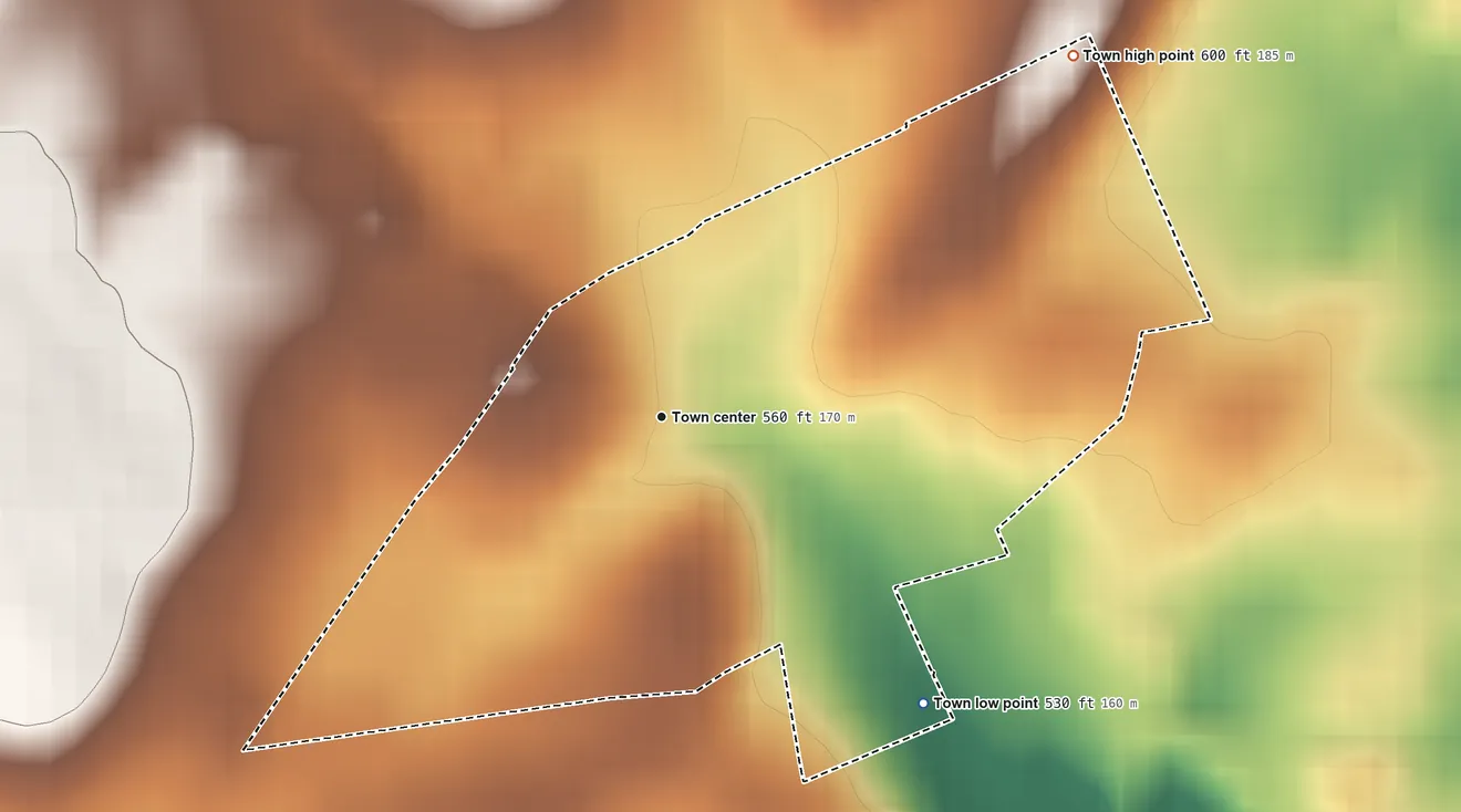 Topographic elevation map of Clear Spring, Maryland, shaded from 530 ft on the southeast side to 600 ft on the northeast edge, below higher ground just outside