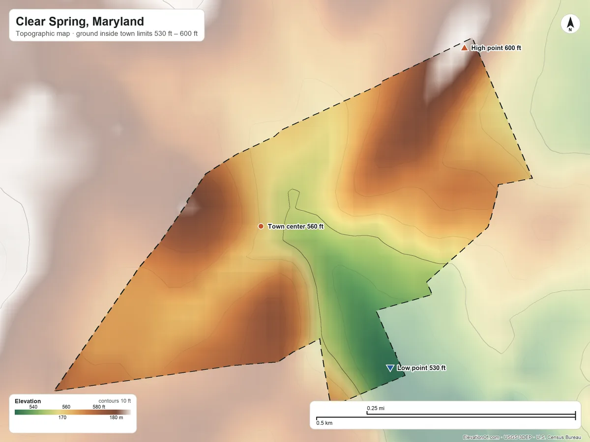 Topographic elevation map of Clear Spring, Maryland, shaded from 530 ft on the southeast side to 600 ft on the northeast edge, below higher ground just outside