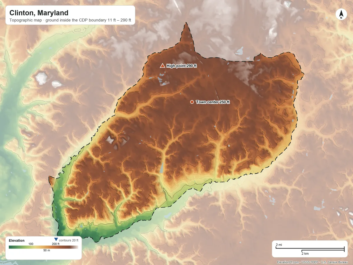 Topographic elevation map of Clinton, Maryland, shaded from 11 ft on the southwest side to 290 ft on the northwest side