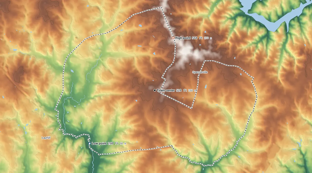 Topographic elevation map of Cloverly, Maryland, shaded from 290 ft on the southwest side to 560 ft on the north side