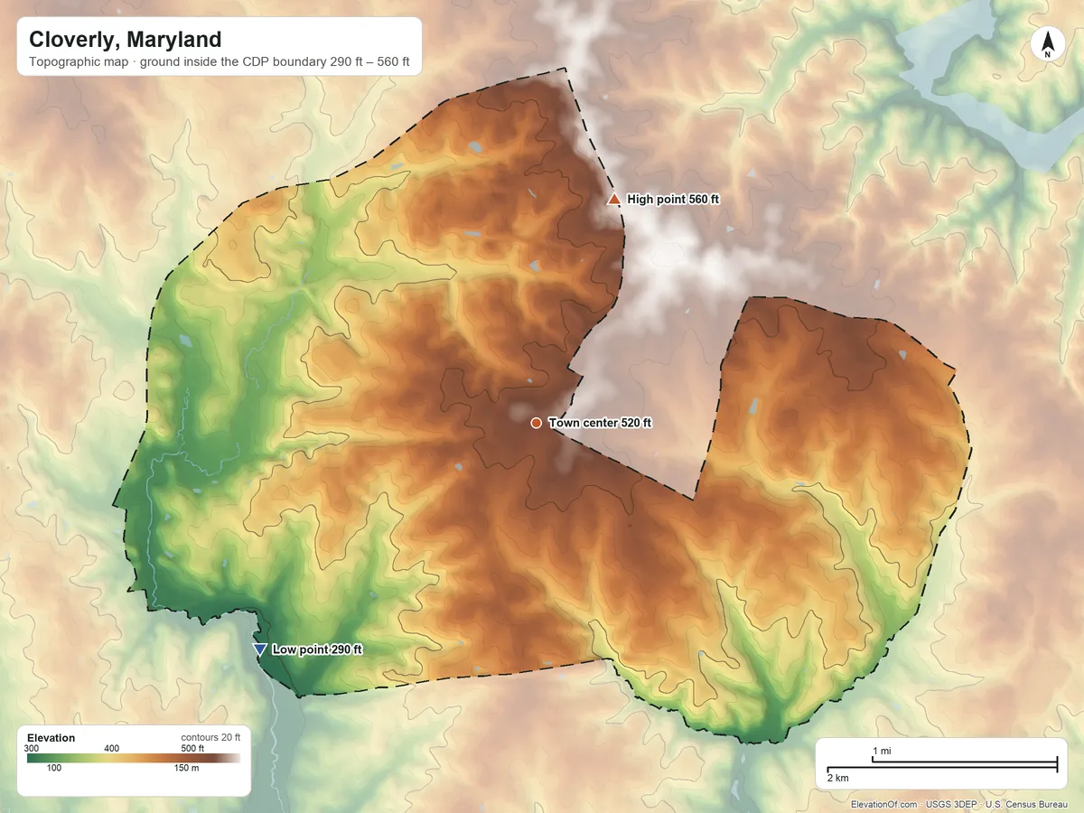 Topographic elevation map of Cloverly, Maryland, shaded from 290 ft on the southwest side to 560 ft on the north side