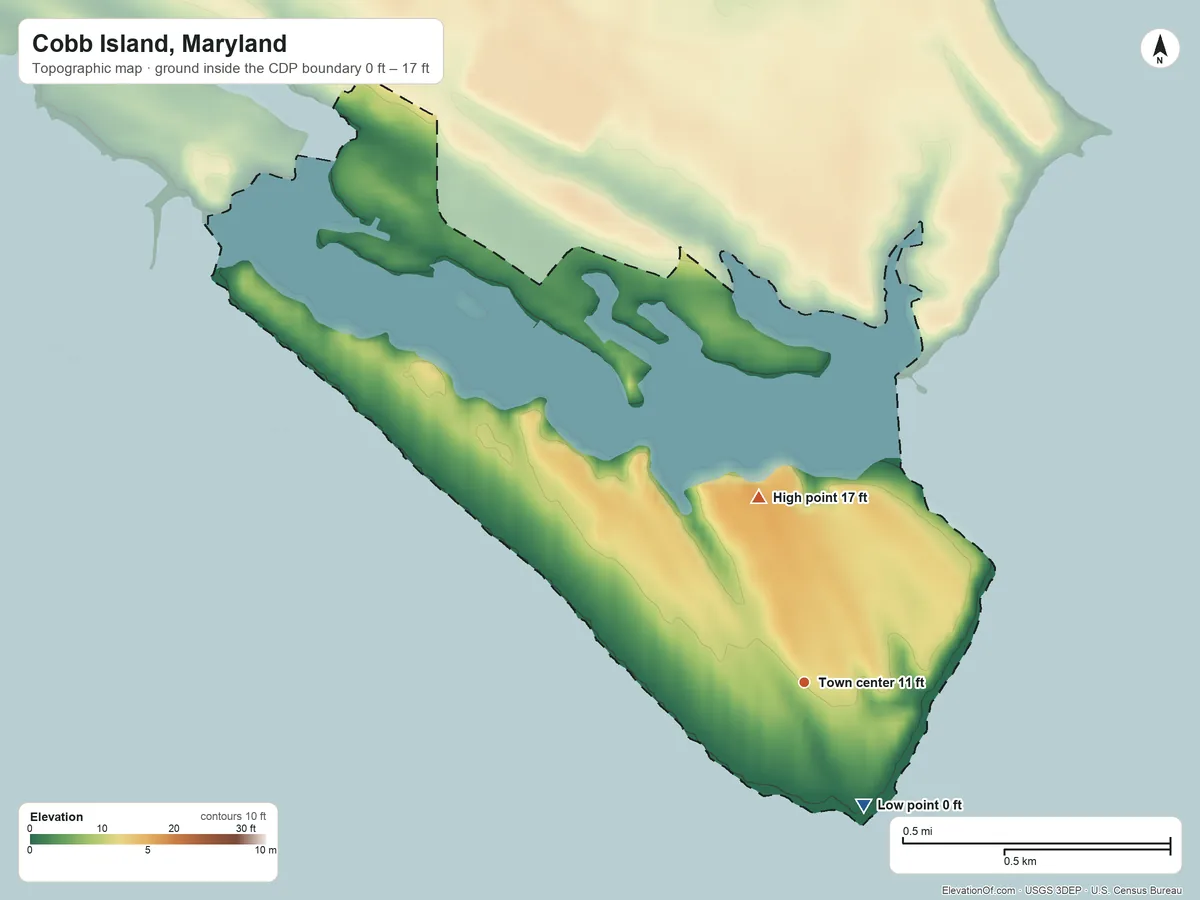 Topographic elevation map of Cobb Island, Maryland, shaded from 0 ft on the southeast side to 17 ft on the north side