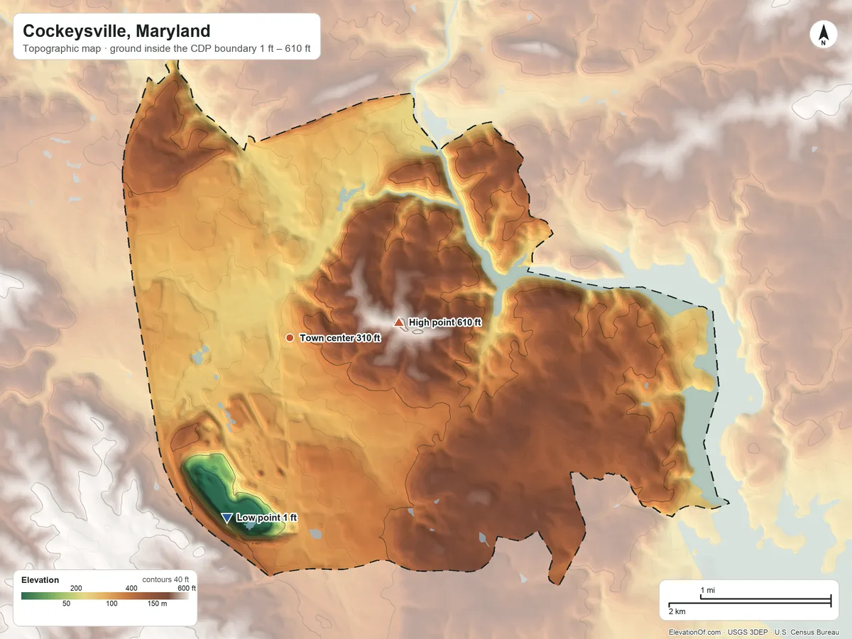 Topographic elevation map of Cockeysville, Maryland, shaded from 1 ft on the south side to 610 ft on the east side