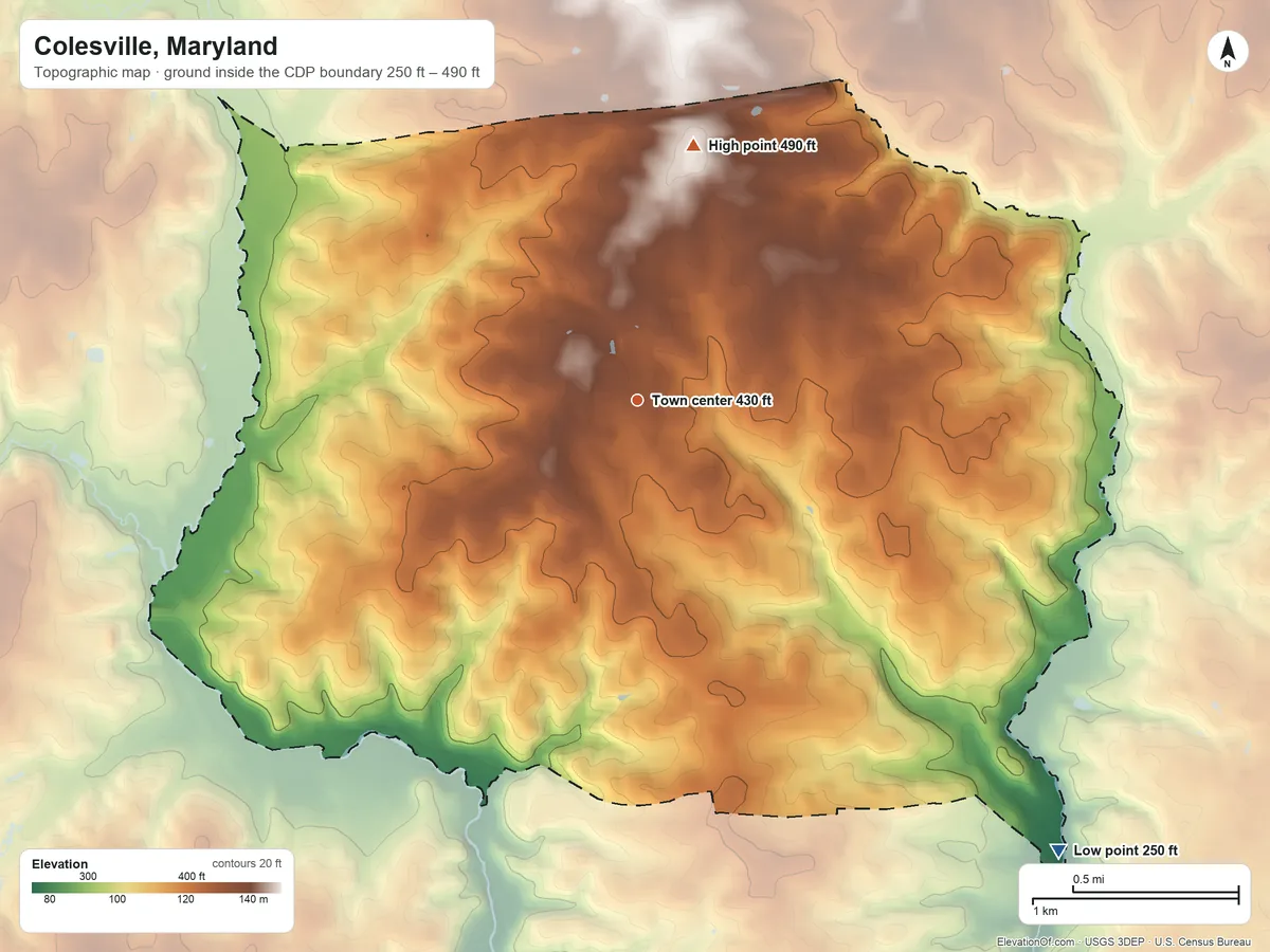 Topographic elevation map of Colesville, Maryland, shaded from 250 ft on the southeast side to 490 ft on the north side