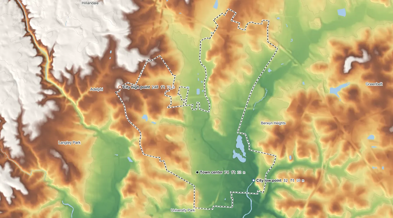 Topographic elevation map of College Park, Maryland, shaded from 32 ft on the east side to 240 ft on the northwest side