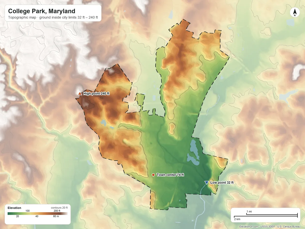 Topographic elevation map of College Park, Maryland, shaded from 32 ft on the east side to 240 ft on the northwest side