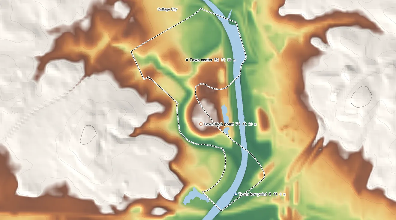 Topographic elevation map of Colmar Manor, Maryland, shaded from 0 ft on the south side to 74 ft on the south side