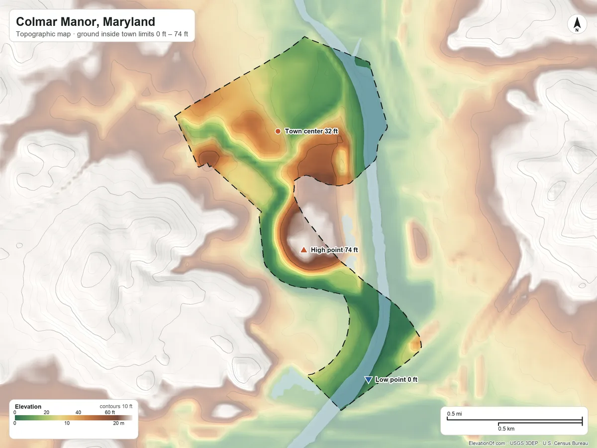 Topographic elevation map of Colmar Manor, Maryland, shaded from 0 ft on the south side to 74 ft on the south side