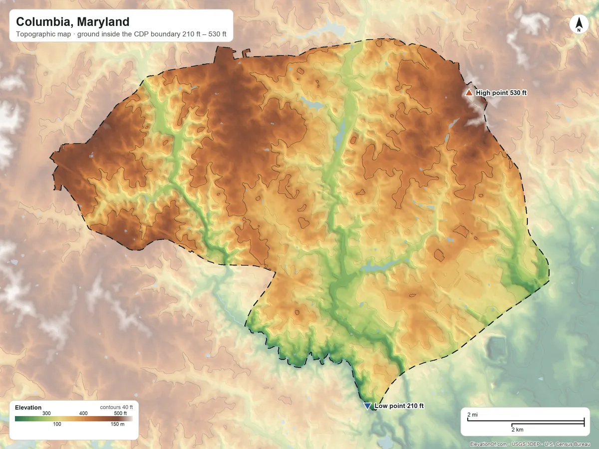 Topographic elevation map of Columbia, Maryland, shaded from 210 ft on the south side to 530 ft on the northeast side