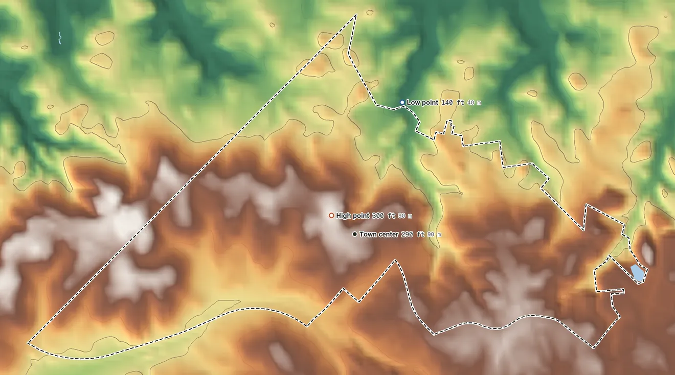 Topographic elevation map of Coral Hills, Maryland, shaded from 140 ft on the north side to 300 ft near the middle
