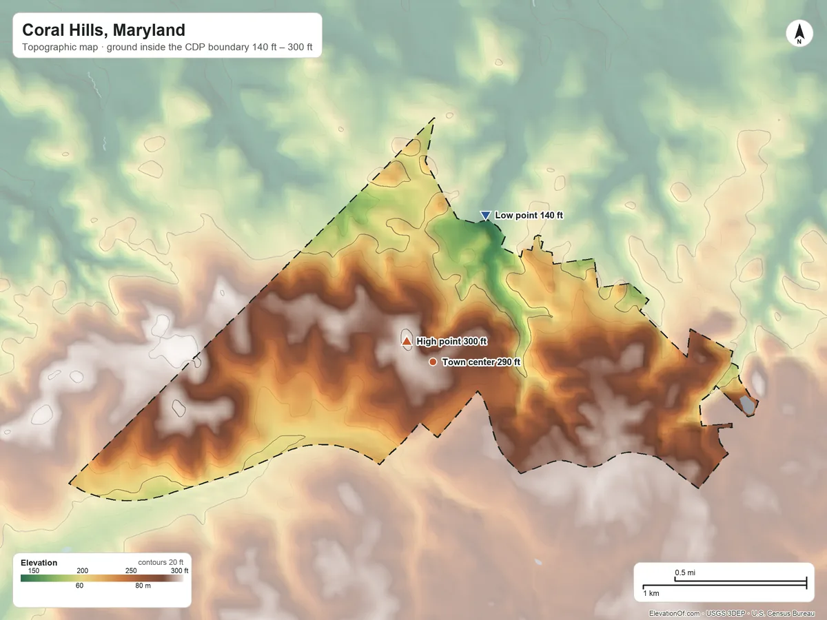 Topographic elevation map of Coral Hills, Maryland, shaded from 140 ft on the north side to 300 ft near the middle