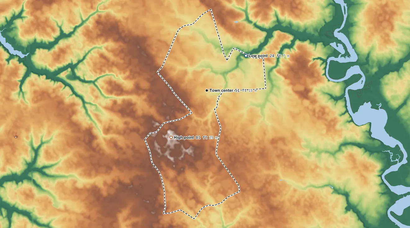 Topographic elevation map of Cordova, Maryland, shaded from 24 ft on the northeast side to 81 ft on the southwest side