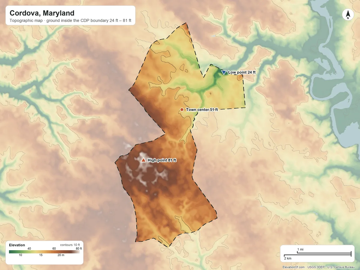 Topographic elevation map of Cordova, Maryland, shaded from 24 ft on the northeast side to 81 ft on the southwest side