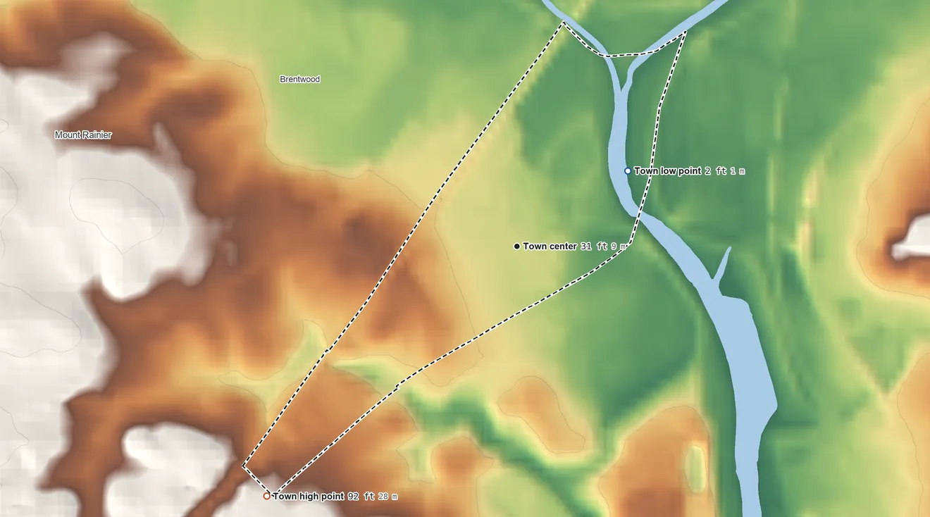 Topographic elevation map of Cottage City, Maryland, shaded from 2 ft on the northeast side to 92 ft on the southwest side