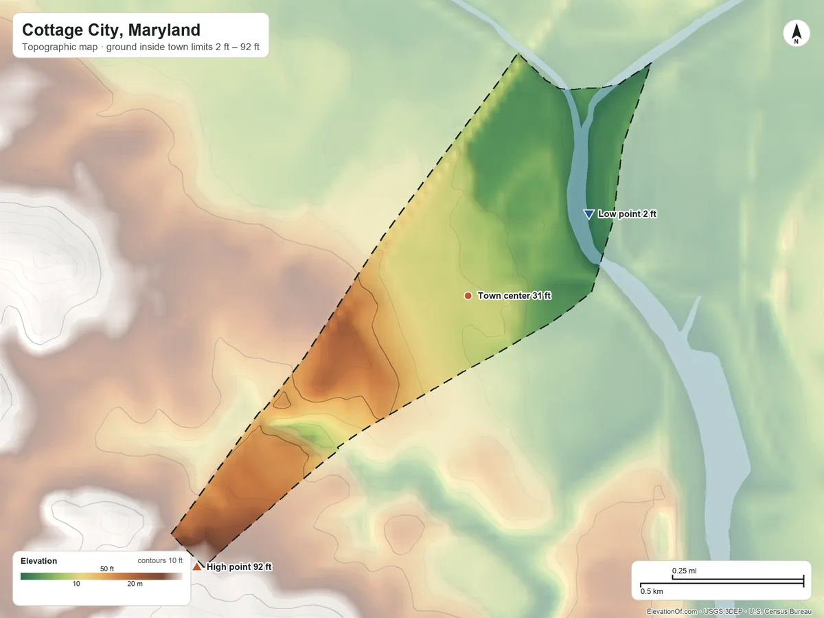 Topographic elevation map of Cottage City, Maryland, shaded from 2 ft on the northeast side to 92 ft on the southwest side