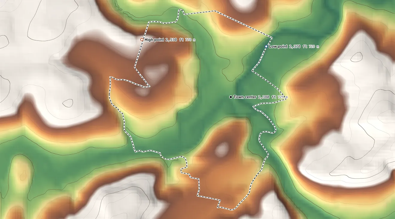 Topographic elevation map of Crellin, Maryland, shaded from 2,370 ft on the northeast side to 2,530 ft on the northwest side