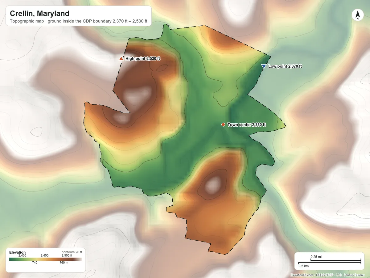 Topographic elevation map of Crellin, Maryland, shaded from 2,370 ft on the northeast side to 2,530 ft on the northwest side