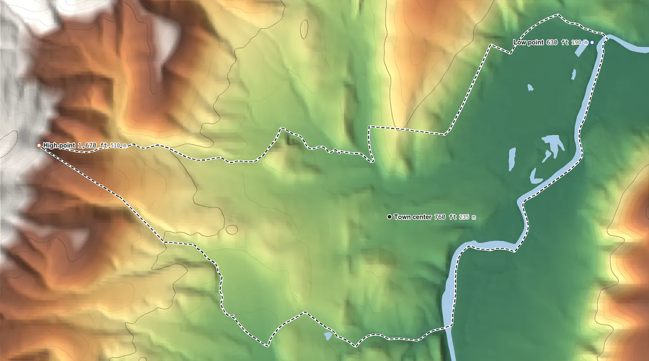 Topographic elevation map of Cresaptown, Maryland, shaded from 630 ft on the northeast side to 1,670 ft on the west edge, below higher ground just outside