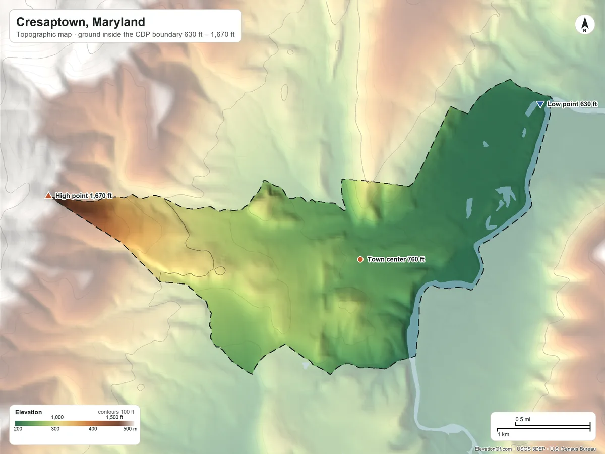 Topographic elevation map of Cresaptown, Maryland, shaded from 630 ft on the northeast side to 1,670 ft on the west edge, below higher ground just outside