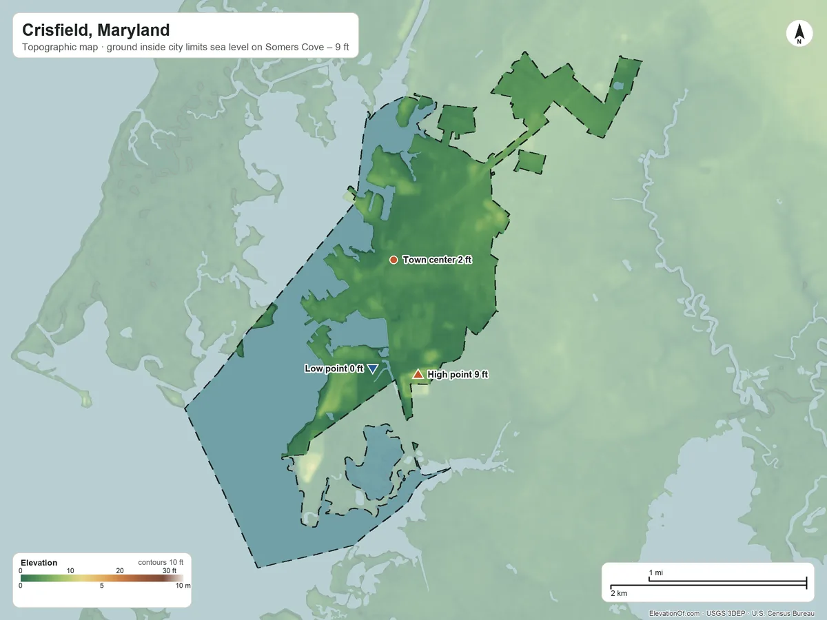 Topographic elevation map of Crisfield, Maryland, shaded from sea level level on Somers Cove to 9 ft on the south side