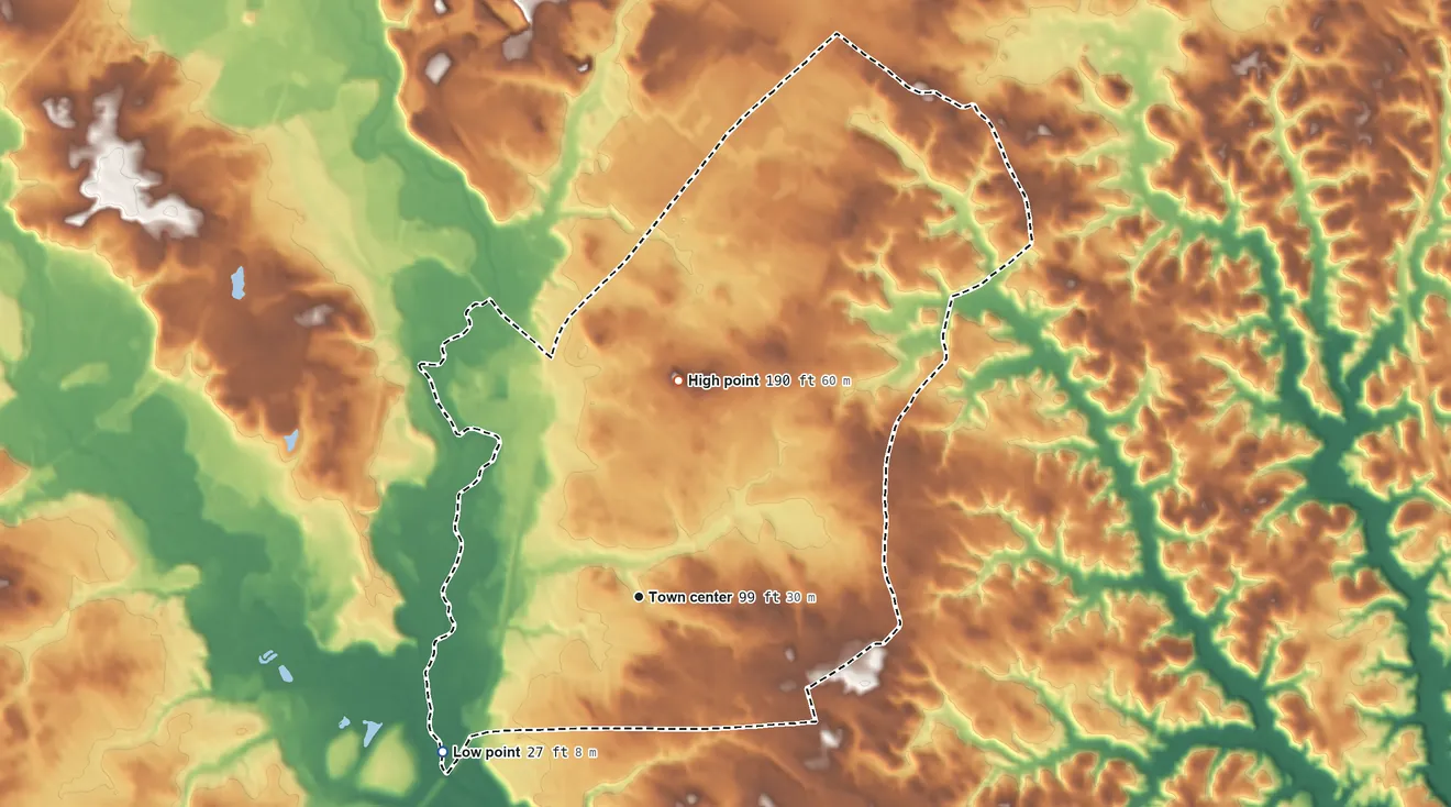 Topographic elevation map of Crofton, Maryland, shaded from 27 ft on the southwest side to 190 ft on the north side