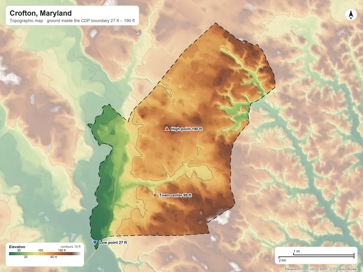 Topographic elevation map of Crofton, Maryland, shaded from 27 ft on the southwest side to 190 ft on the north side