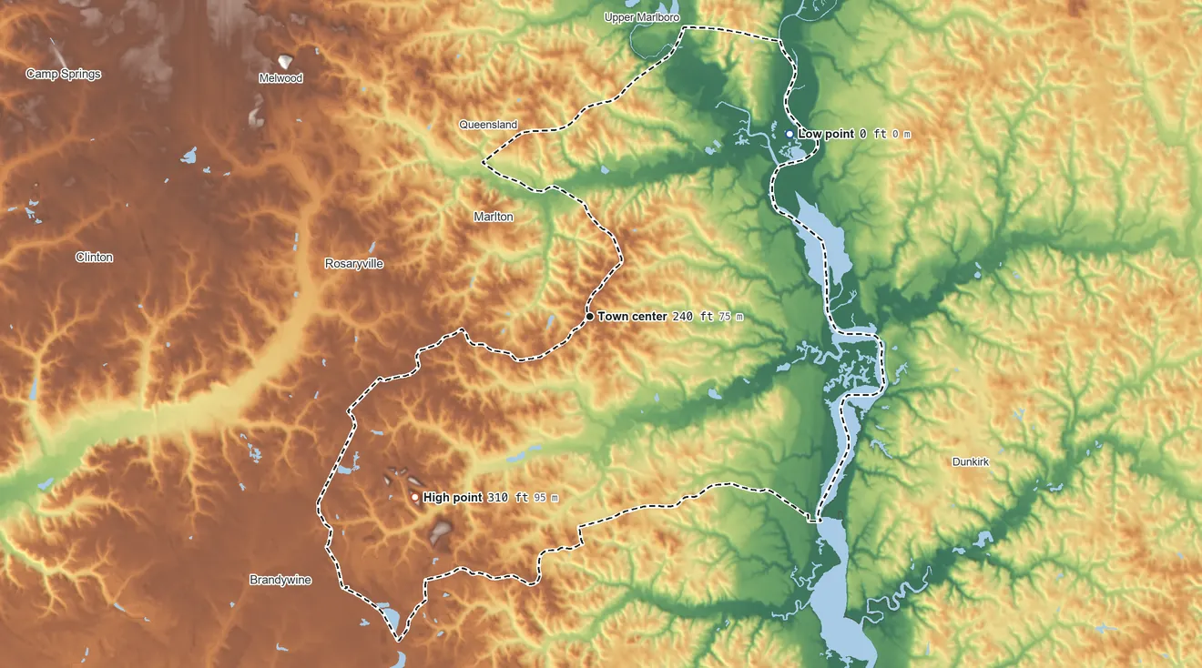 Topographic elevation map of Croom, Maryland, shaded from sea level level on Jug Bay to 310 ft on the southwest side