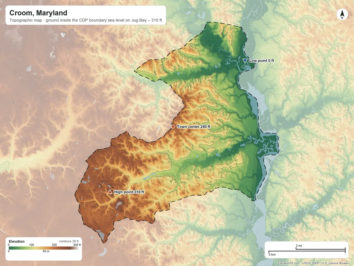 Topographic elevation map of Croom, Maryland, shaded from sea level level on Jug Bay to 310 ft on the southwest side