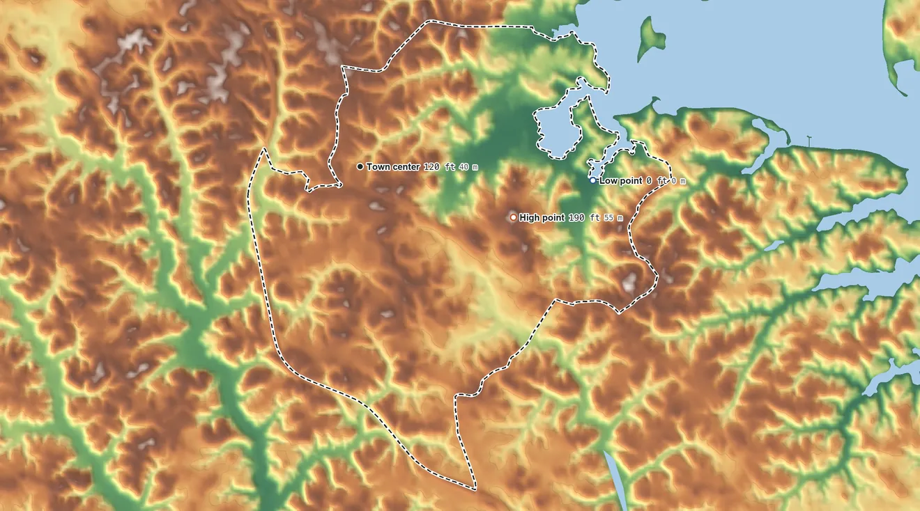 Topographic elevation map of Crownsville, Maryland, shaded from 0 ft on the east side to 190 ft on the east side