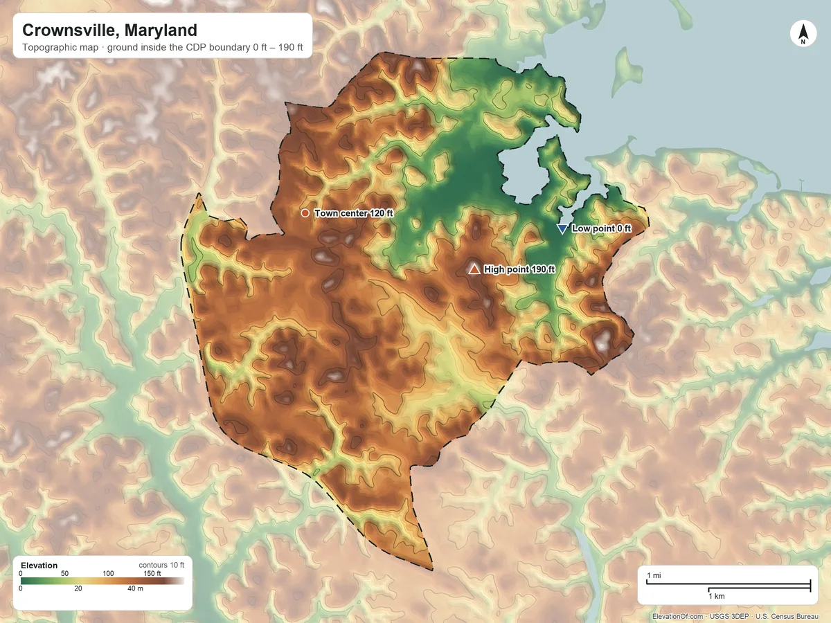 Topographic elevation map of Crownsville, Maryland, shaded from 0 ft on the east side to 190 ft on the east side
