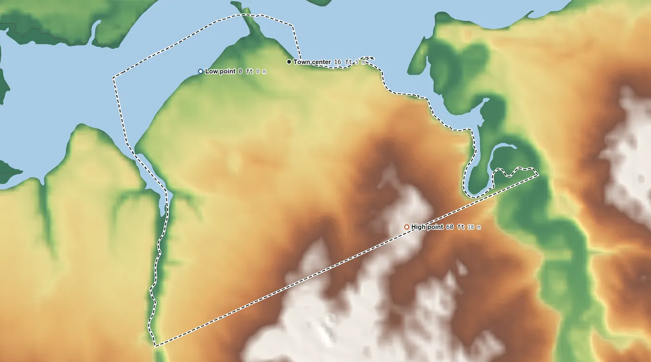 Topographic elevation map of Crumpton, Maryland, shaded from 0 ft on the west side to 60 ft on the southeast side